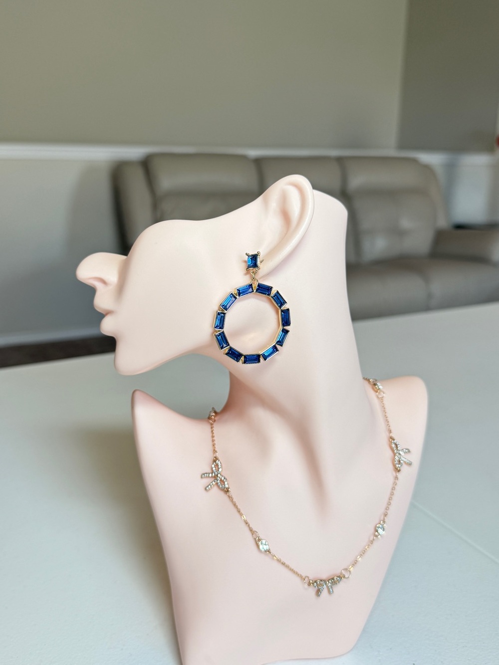 Gold-Tone Hoop Earrings with Blue Gemstones - Picture 4 of 13